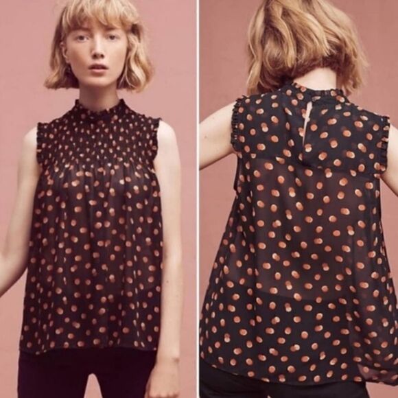 Anthropologie Maeve Darby Victorian Neck Smocked Swing Polkadot Blouse 4 - Picture 7 of 7